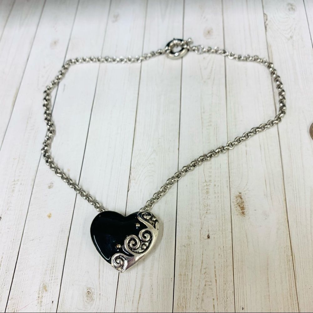 Silver Black Scroll Work Heart Brooch Necklace